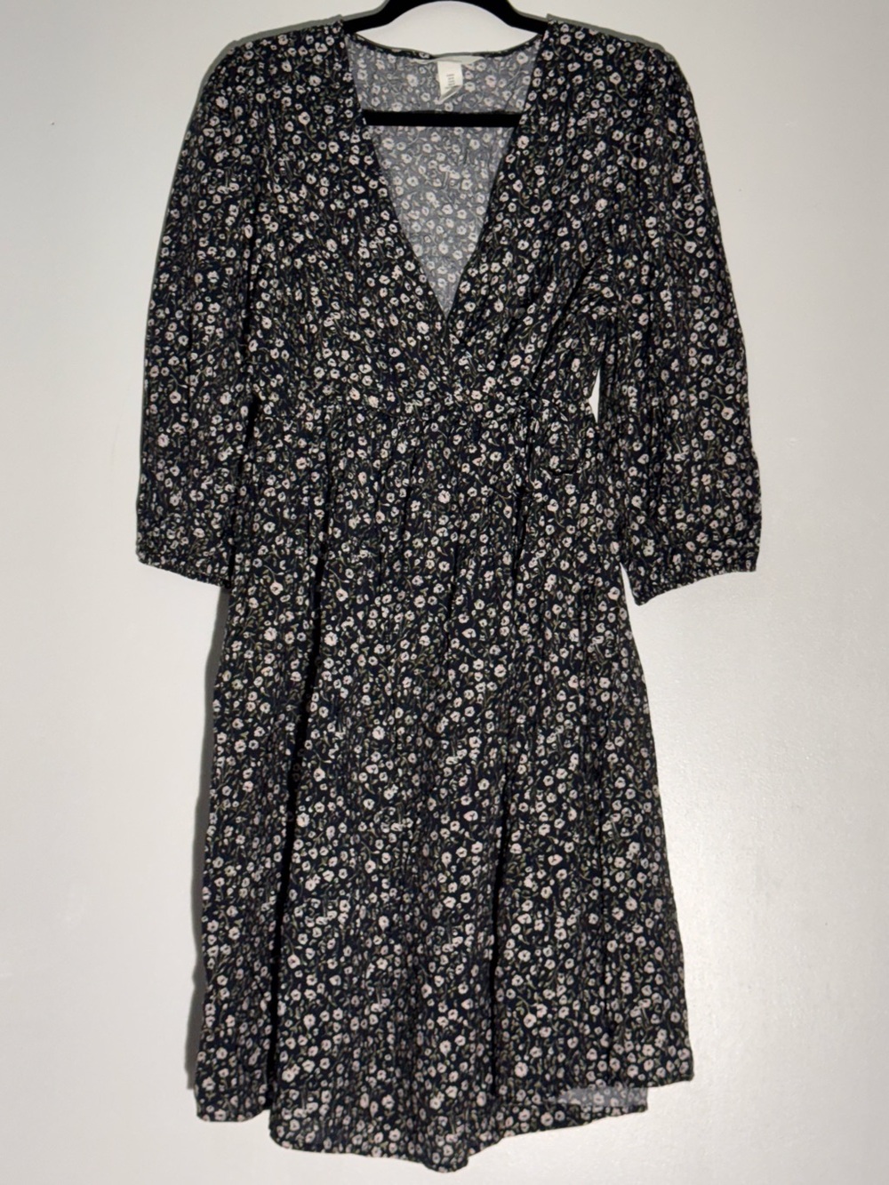H&M Mama Navy Floral Viscose Blend Maternity Faux Wrap Dress M Elastic Waist